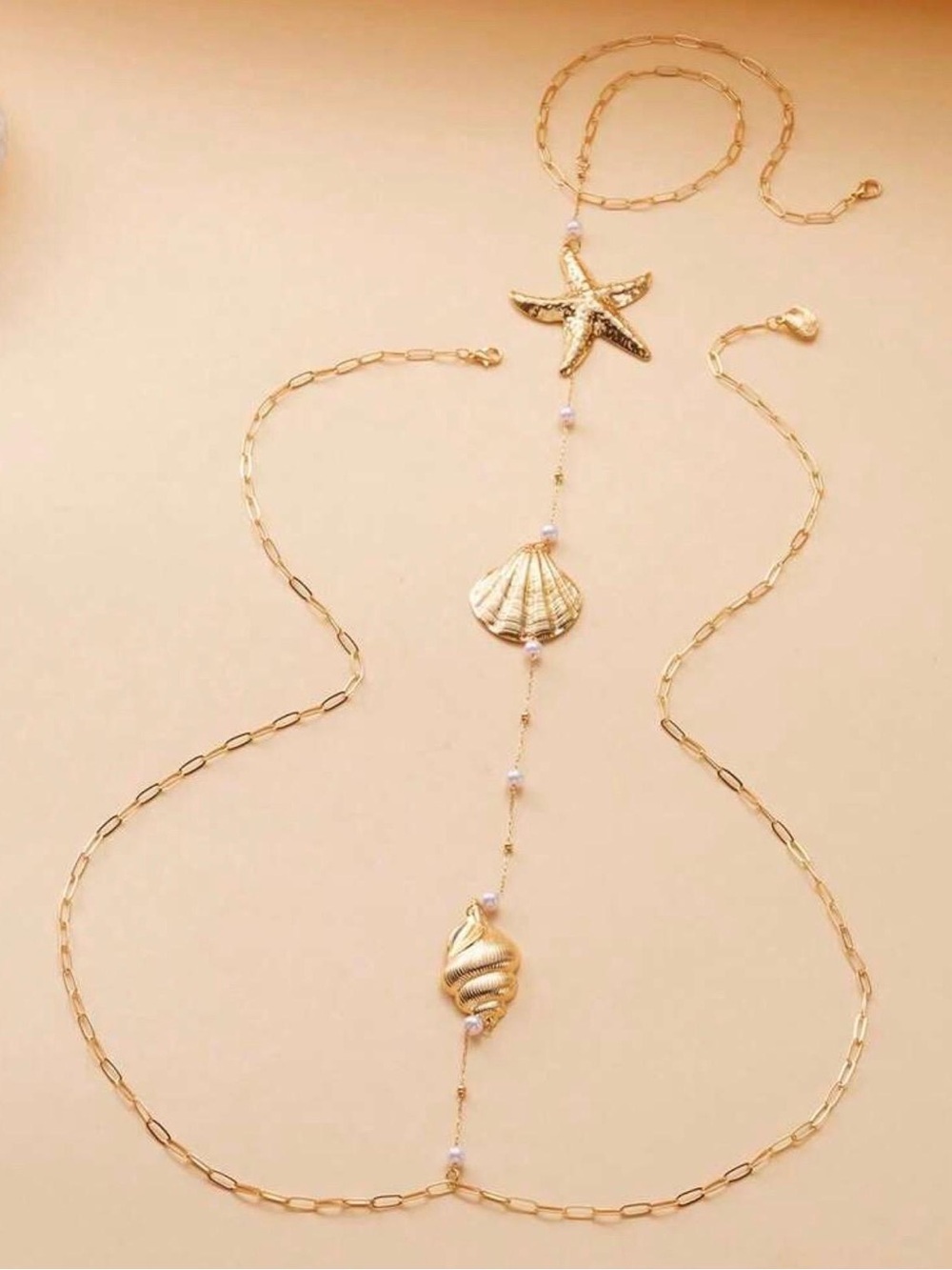 Gold Seashell Back Necklace Chain | Pearl Starfish Body Jewelry | Beach Wedding